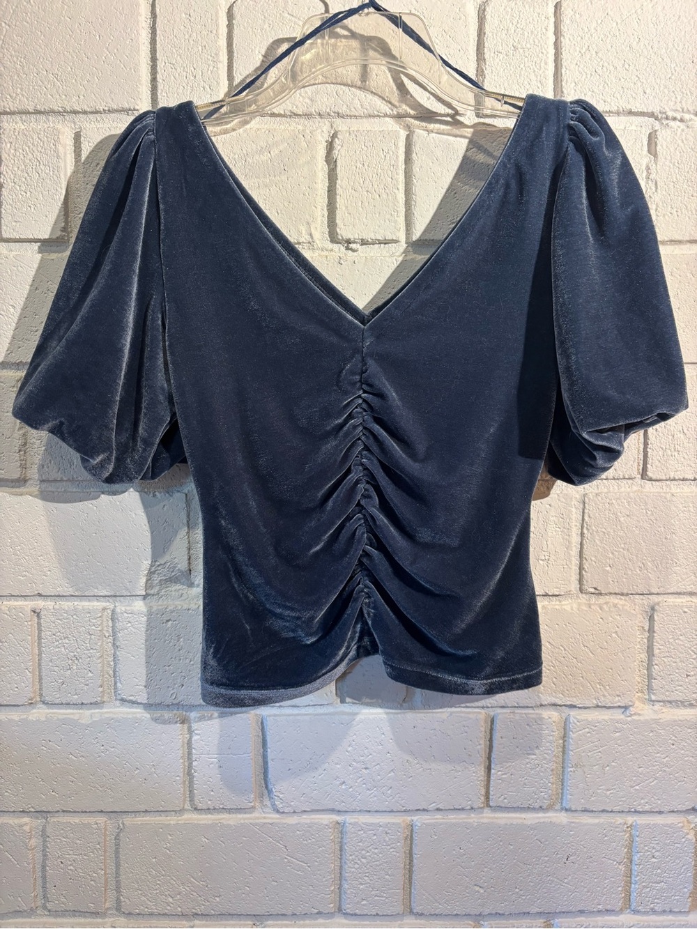 Free People Velvet Ruched V-Neck Top in  Blue